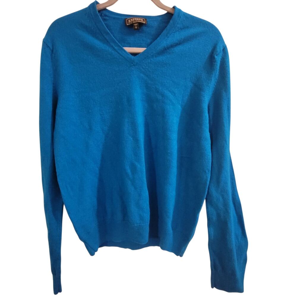 EXPRESS 100% Merino Wool Vibrant Blue V-Neck Sweater Women’s Large
